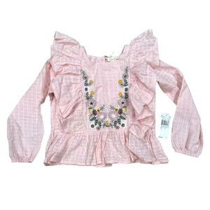 Jessica Simpson Pink Long Sleeve Embroidered Flower Ruffle Top Size 5 Cotton